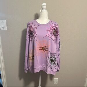 QUEEN OF SPARKLES Purple Sweater with Colorful 3D Spider Webs